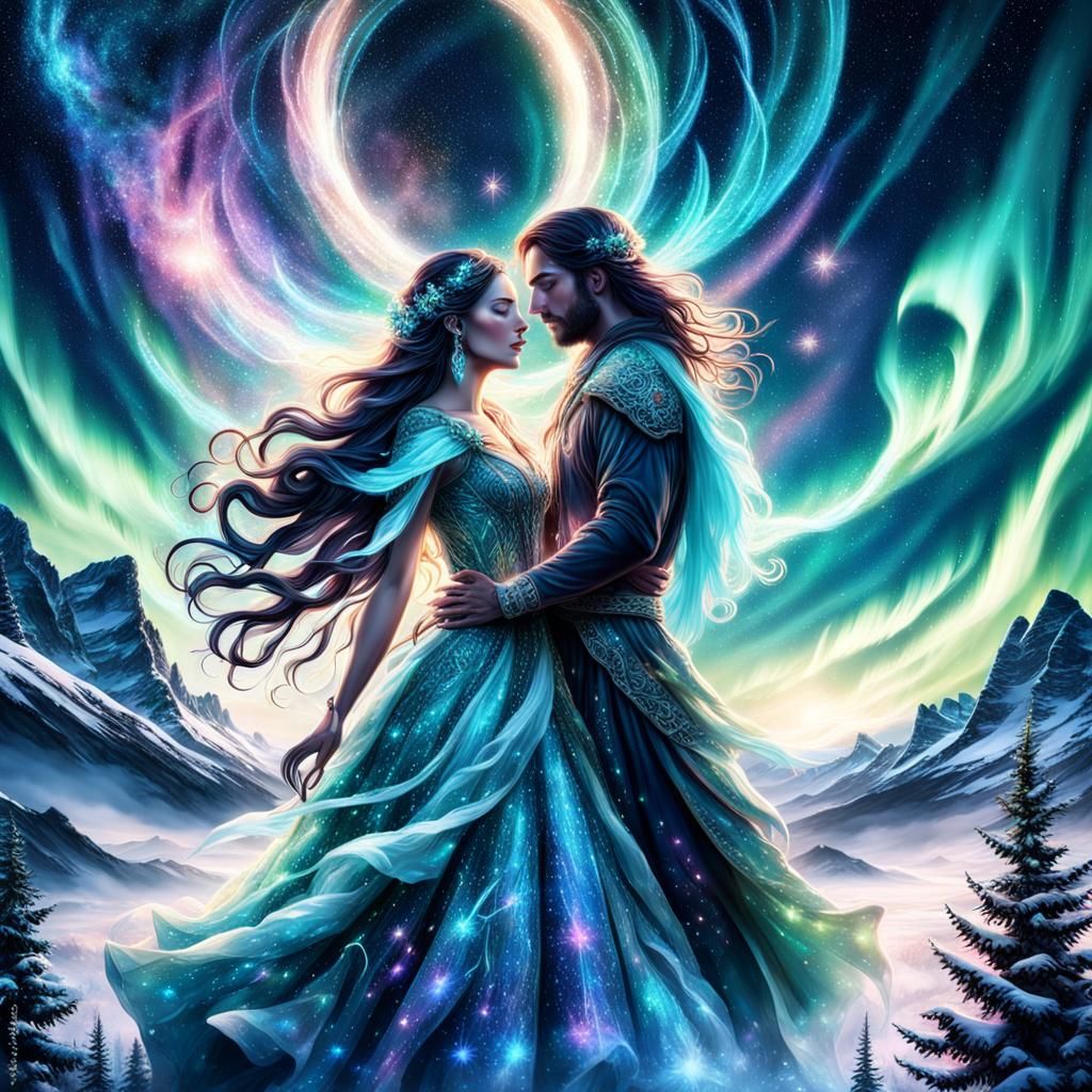 Twin Flames Couple Under Aurora Borealis Sky