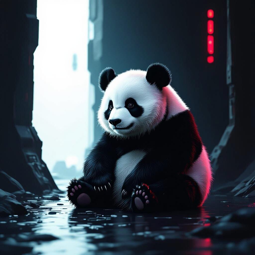 Panda in Mysterious Dark Environment with Futuristic Style