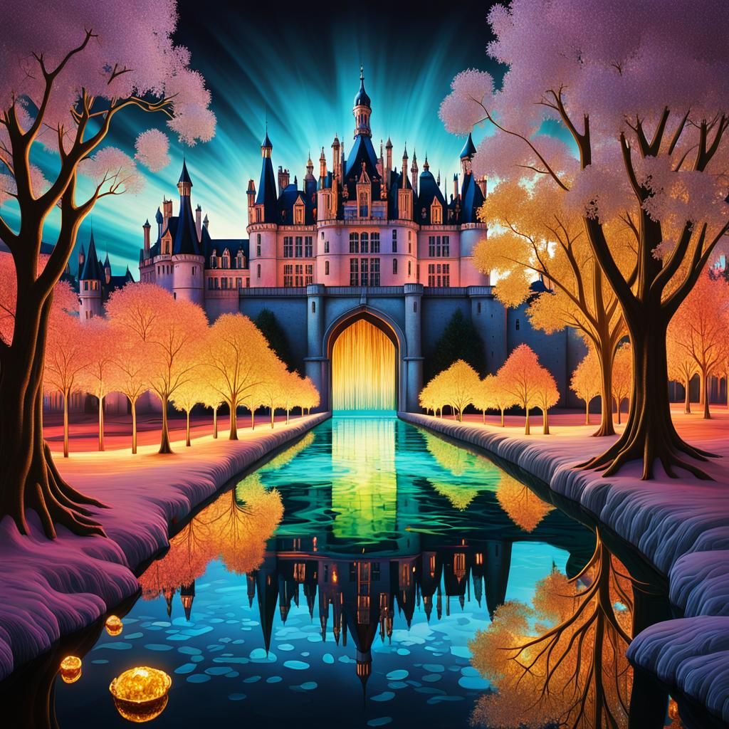 Surrealist cityscape. Medium shot. A fluorescent, iridescent...