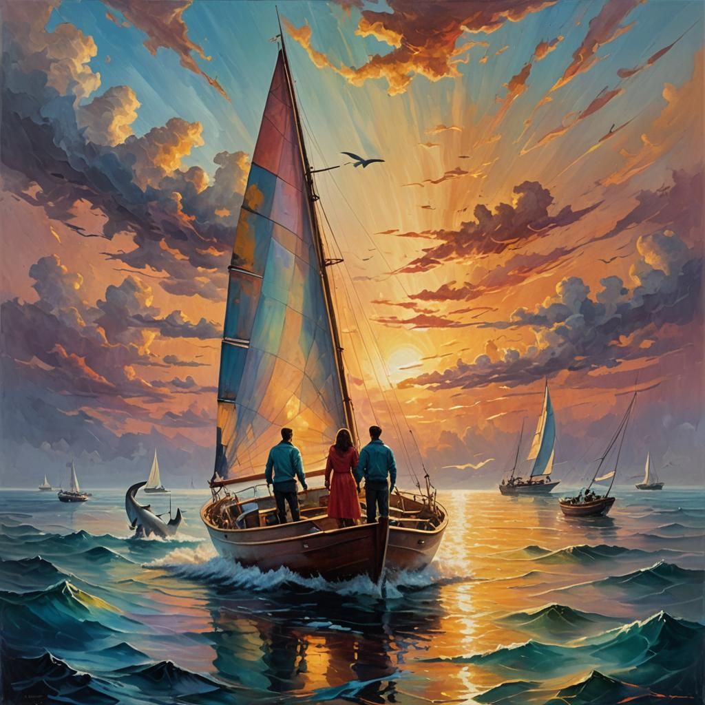 Dramatic Seascape of Couple in Peril, Oil Painting