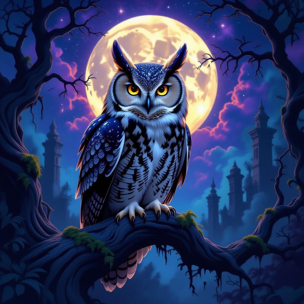 Majestic Owl with Cosmic Rune Feathers in Enchanted Forest