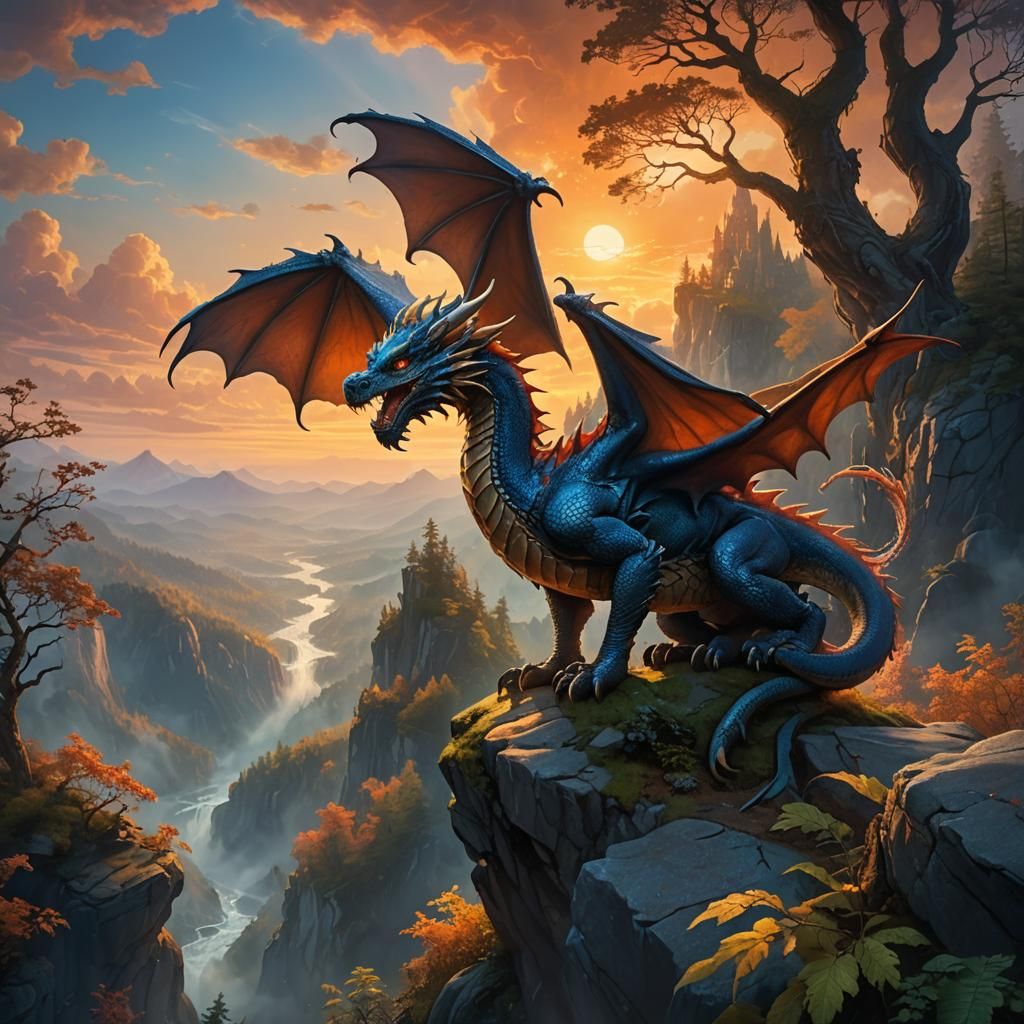 Dragon Overlooking Mystical Forest at Sunset