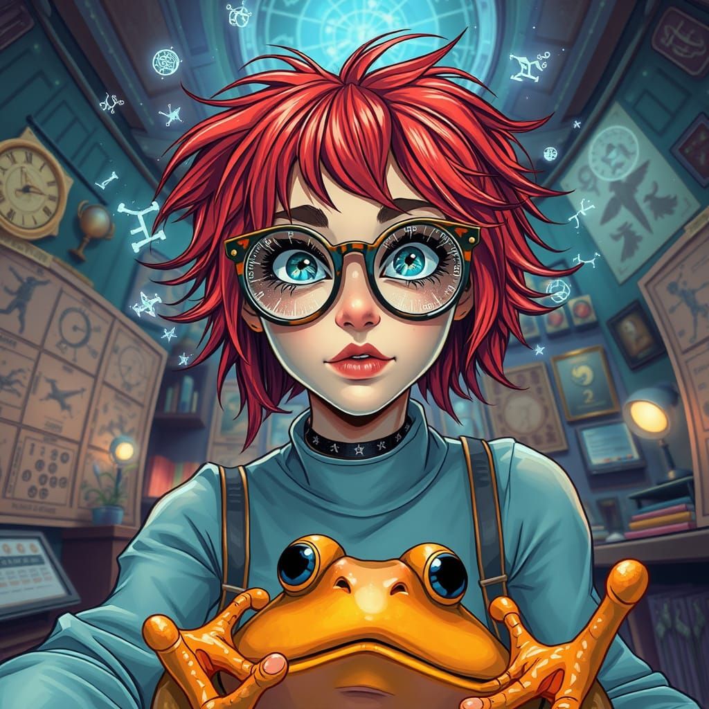 A realistic digital illustration of a young, quirky female astrologer with wild, colourful, shaggy hair and eccentric 'n...