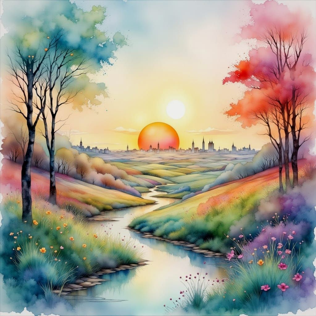 Radiant Watercolor Cityscape with Luminous Light