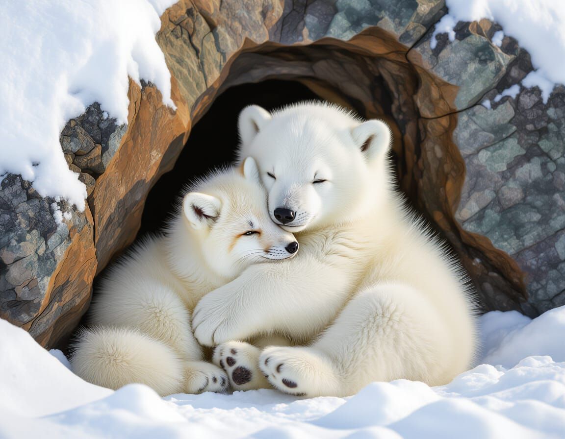 Baby Polar Bear Cuddling Arctic Fox