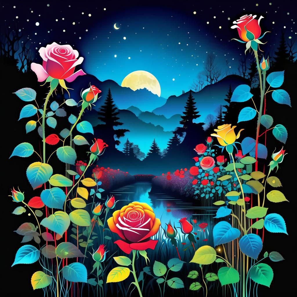 Luminous Rose Garden at Twilight: Collage Art Illustration