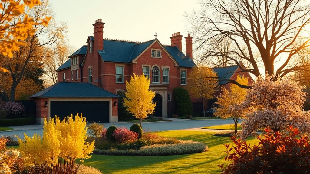 Grand Chateau in Golden Afternoon Light with Lush Garden