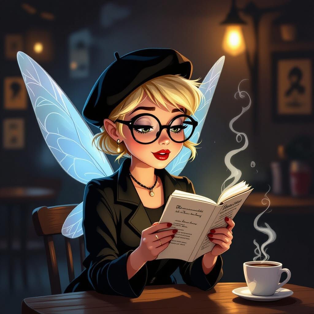 Tinkerbell as Beatnik Poet in Coffee Shop