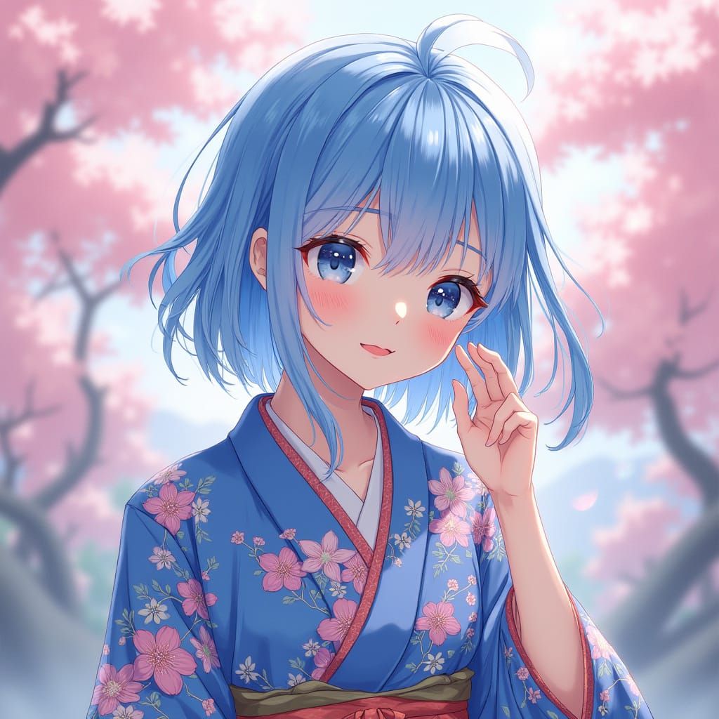 Anime Girl in Floral Kimono in Japanese Garden