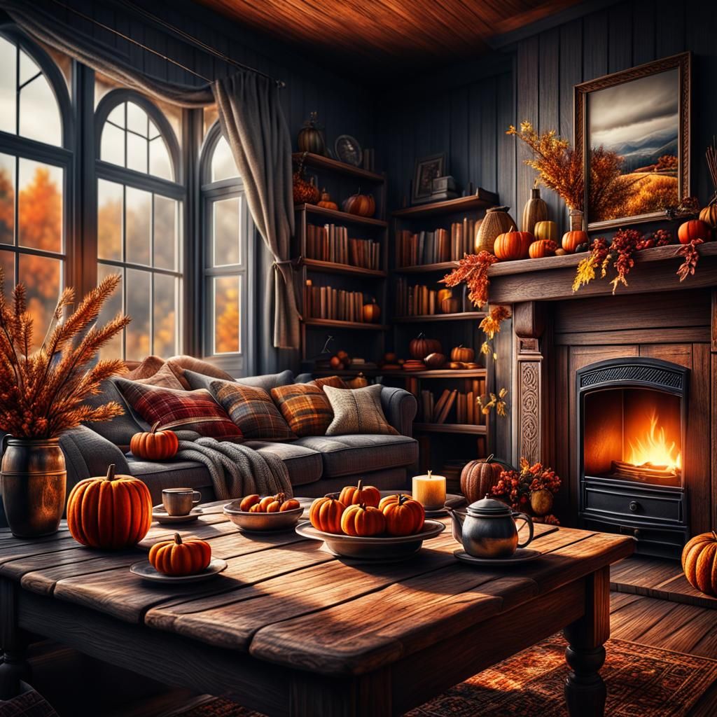 Cozy Autumn Home Interior in Hyperrealistic Style