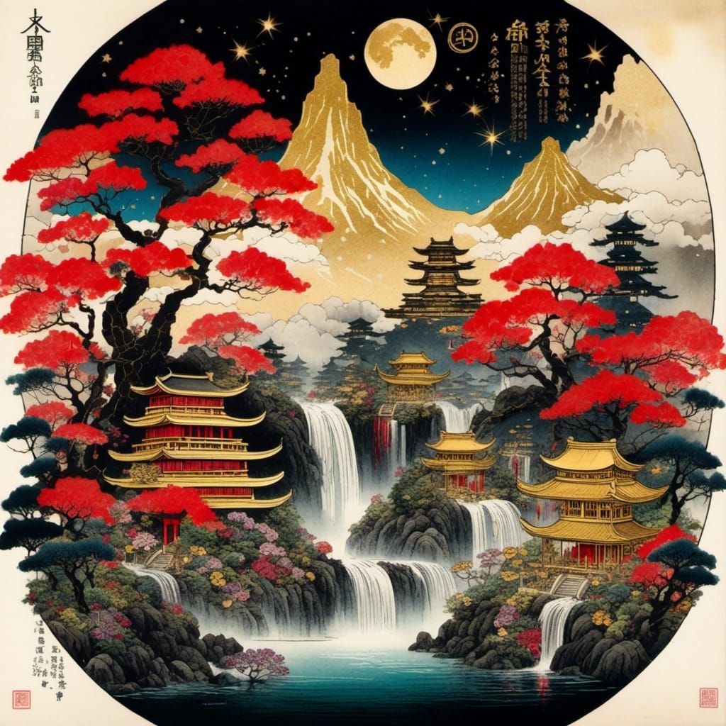 Victorian Japanese Landscape in Cyberpunk Style