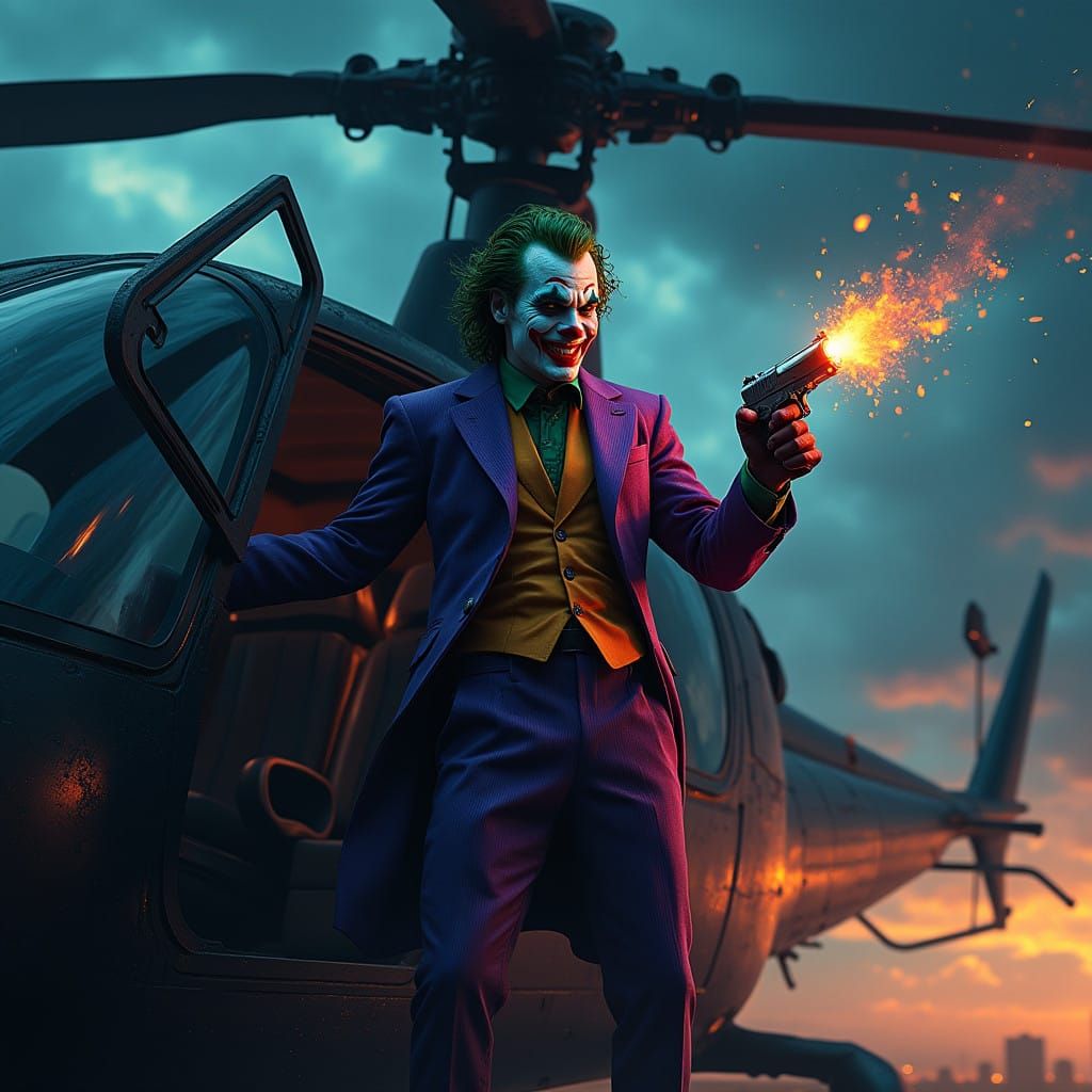 Joker in a Whirling Helicopter, Pistol in Hand, Amidst a Dar...
