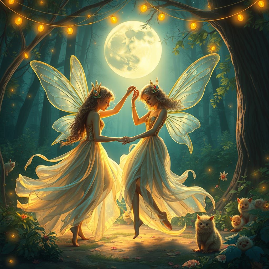Whimsical Fairies Dance Under the Moonlit Forest