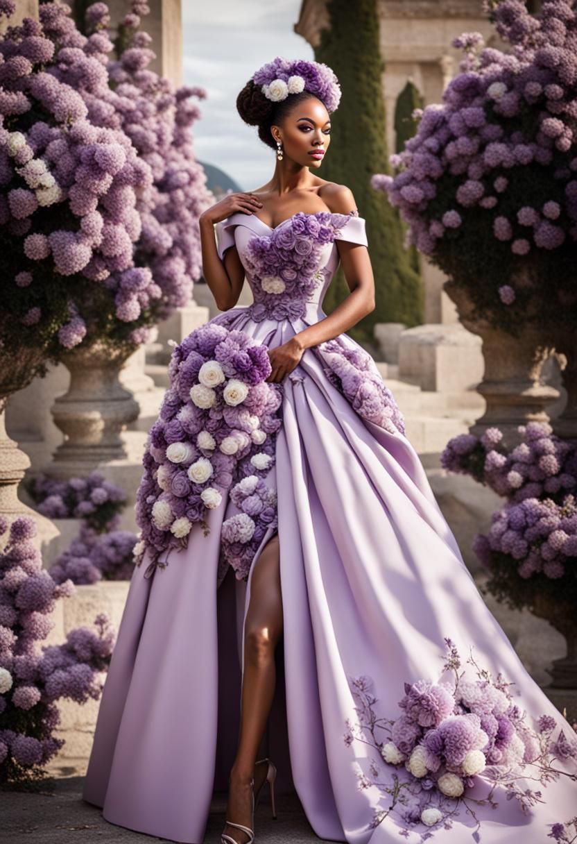 Woman in Voluminous Gown with Flowers and Columns