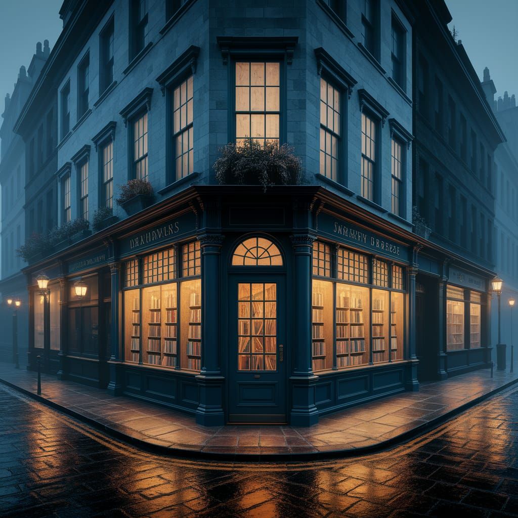 Misty Bookstore Corner at Dusk in Expressive Oil Painting St...