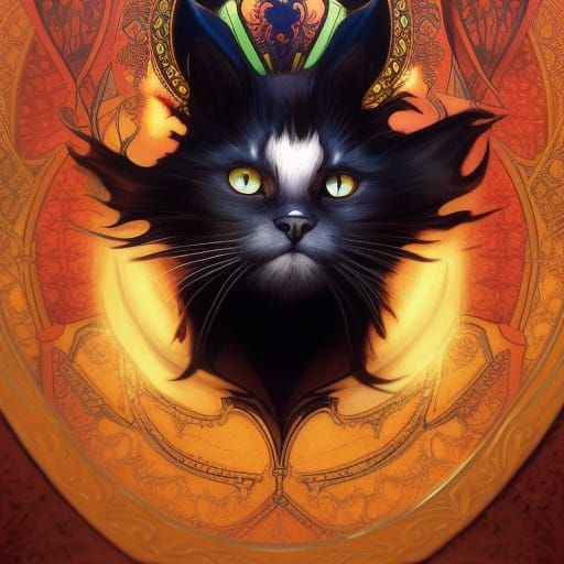 Black Cat King of Hearts Portrait in Art Nouveau Style
