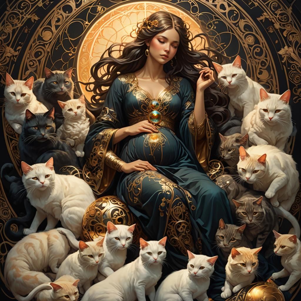 Ethereal Woman with Orb and Cats, Art Nouveau Style