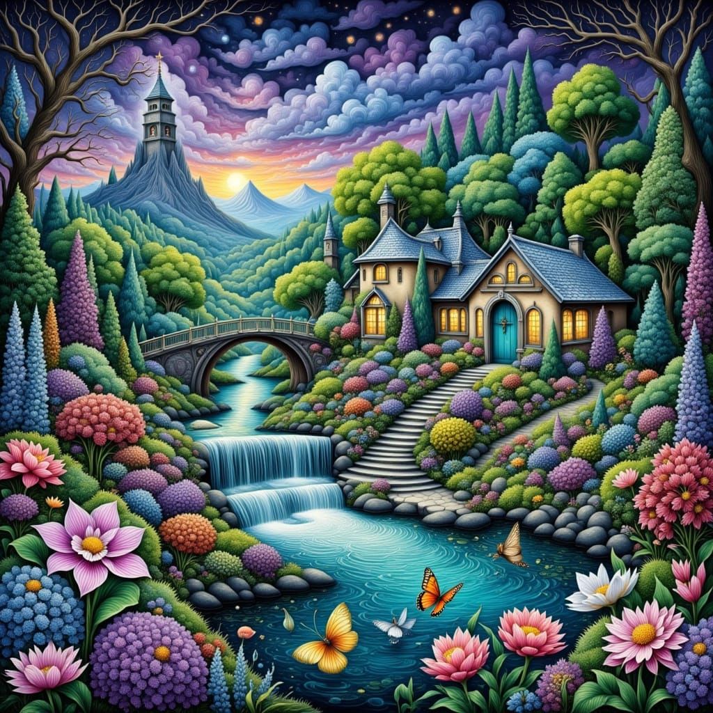 Ethereal Garden Scene Under Lavender Gray Stormy Skies