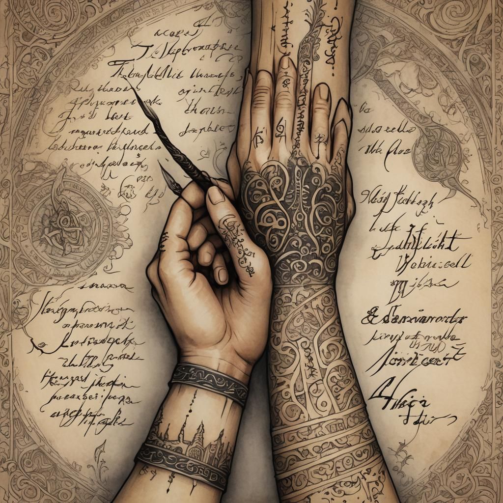 Elvish Tattoo Illustration with Intricate Tengwar Script