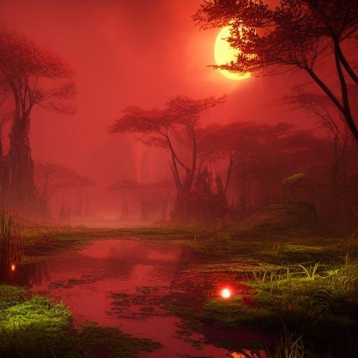 Glowing Red Adansonias in Overgrown Swamp at Sunset