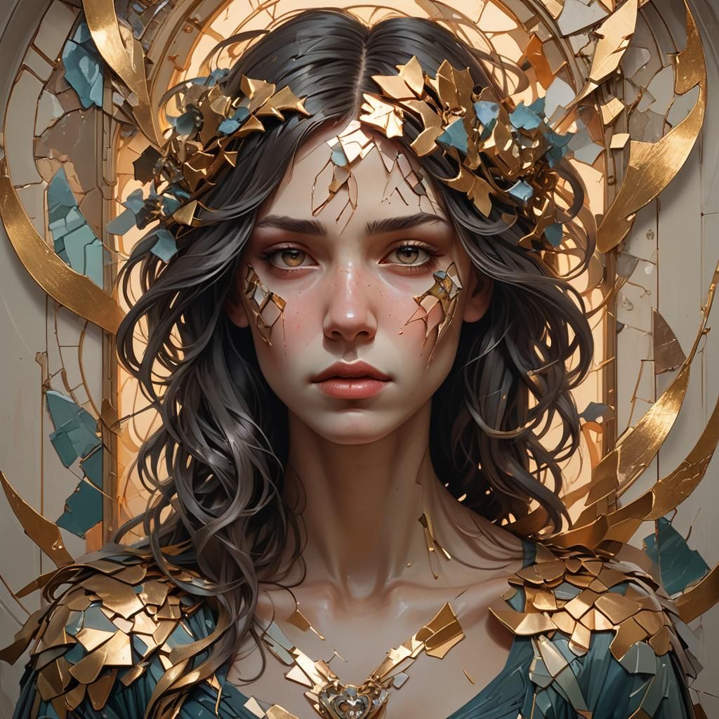 Shattered Heart: Surreal Portrait in Art Nouveau Style