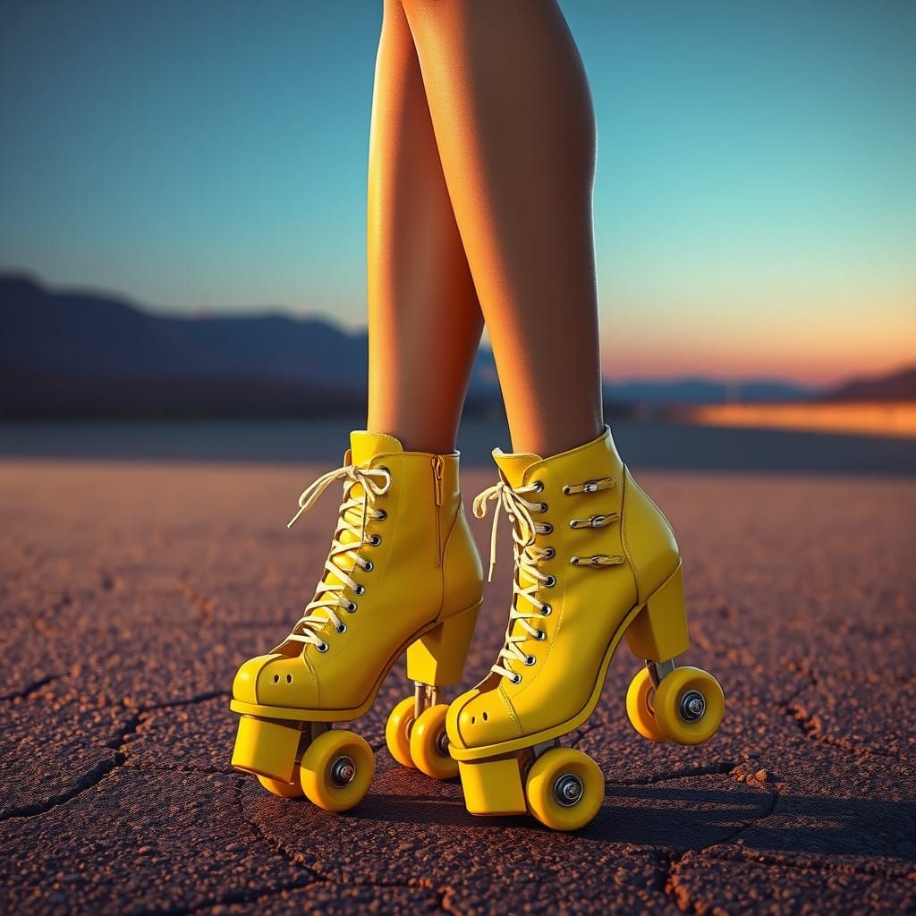 Woman Posing in Vibrant Yellow Roller Skates Against a Futur...