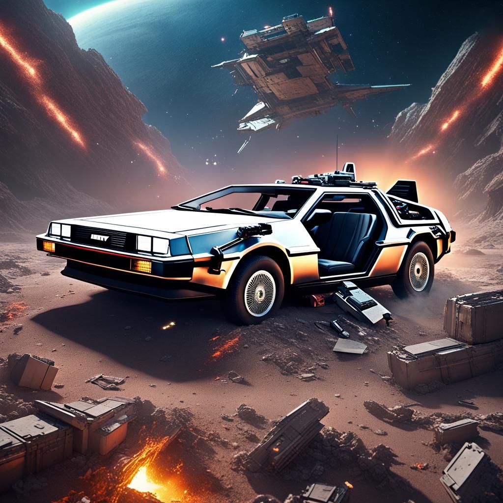 Crashed DeLorean in Space: Detailed Matte Painting