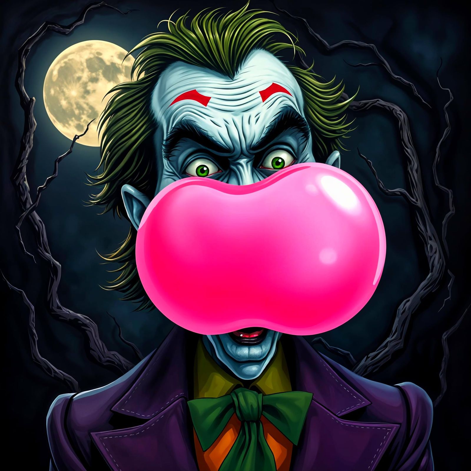 The Joker Under a Gigantic Pink Bubble Gum Orb