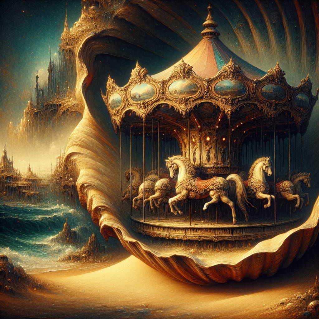 Fantasy Carousel Inside Seashell on Sandy Beach