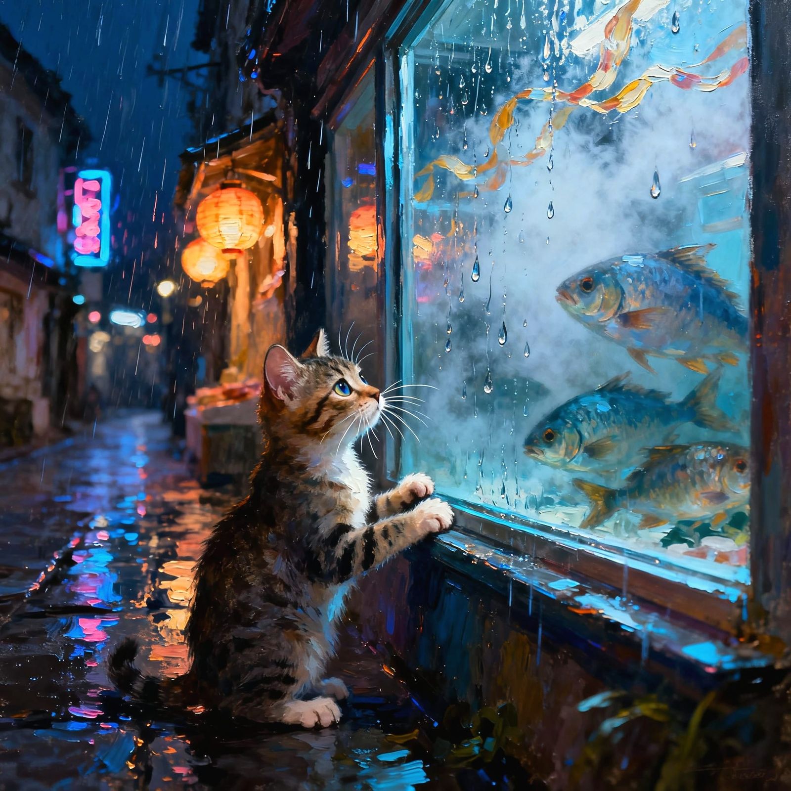 Curious Kitten in Rainy Night Fish Shop Window Oil Painting