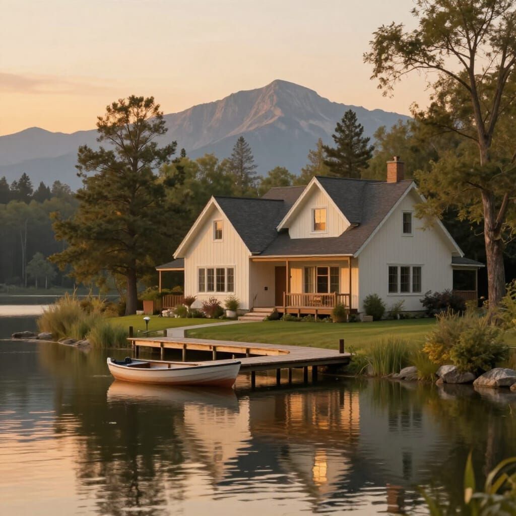 Serene Lakeside Home with Mountain Views at Sunset