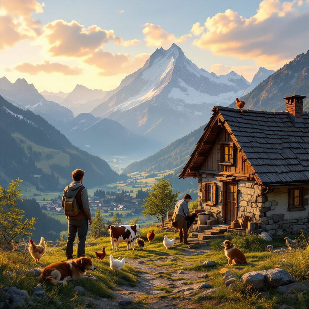 Man Views Scenic Mountain Vista with Village Below