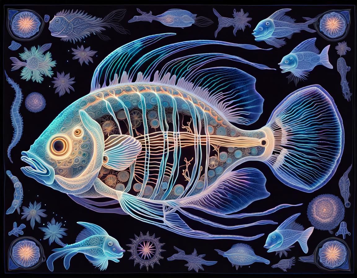 Bioluminescent Fish with Visible Organs in Starry Sky
