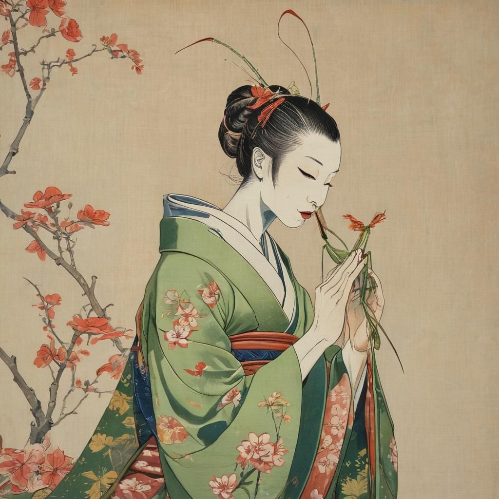 Praying Mantis in Geisha Costume: Ukiyo-e Style