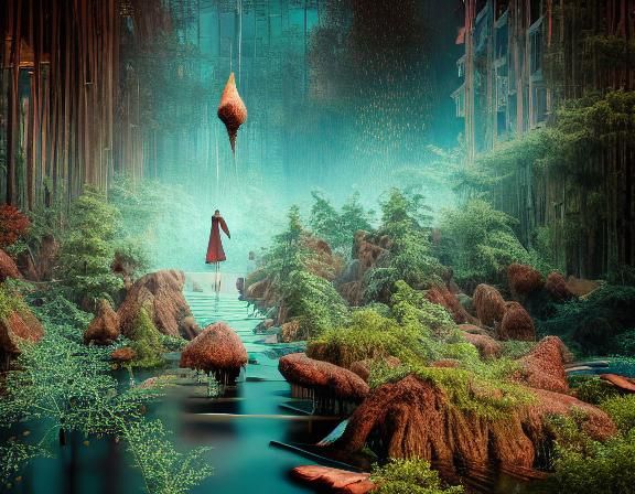 Surreal Tree-Human Hybrid in a Weightless Forest