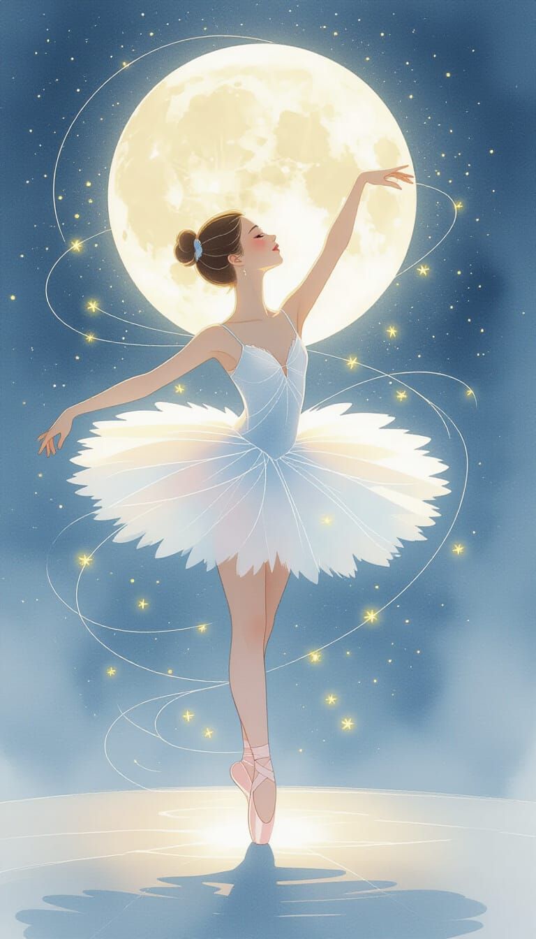 Ballerina Dancing on Moonlight Stage with Fireflies in Water...