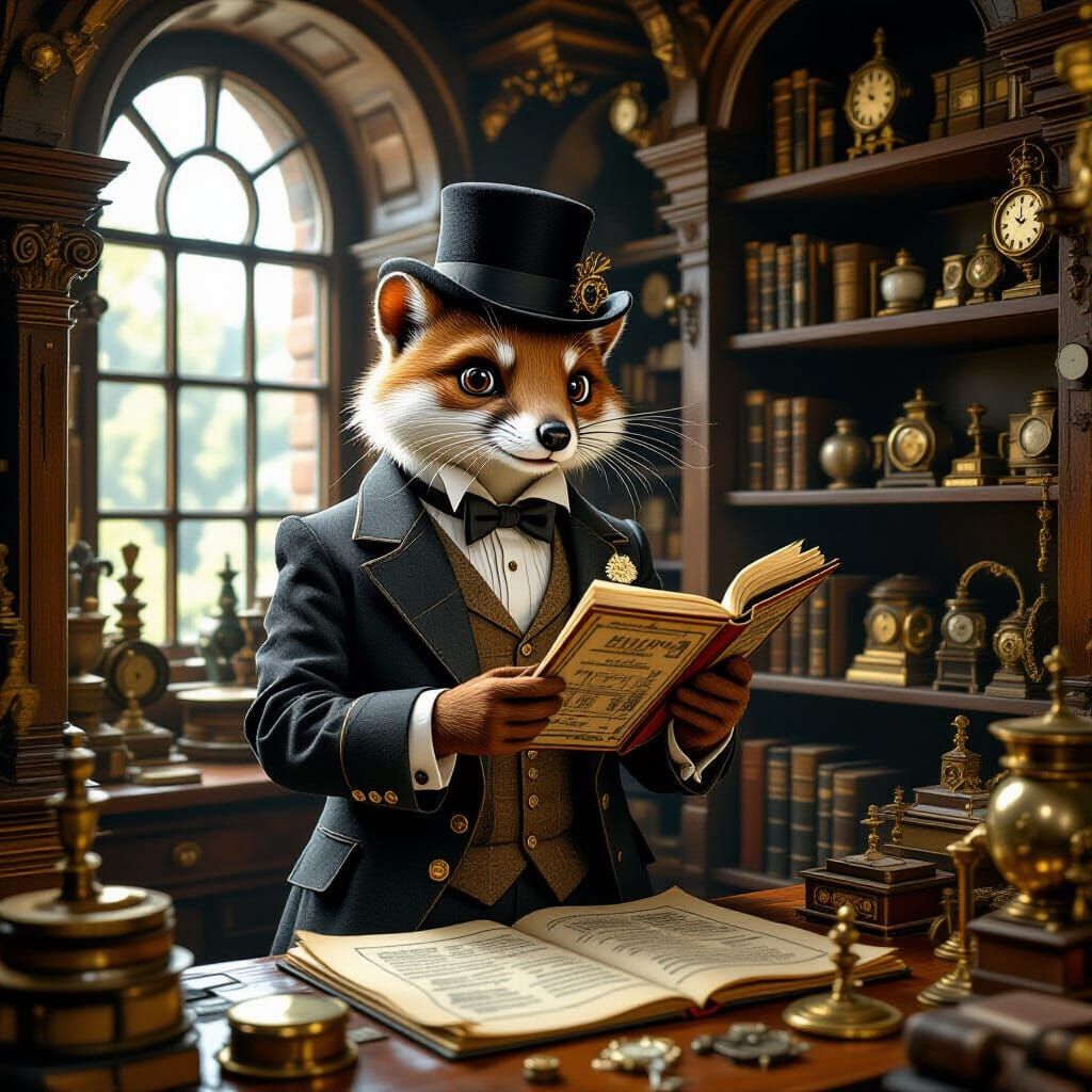 Steampunk Stoat Cataloging Artifacts in Hidden Chamber