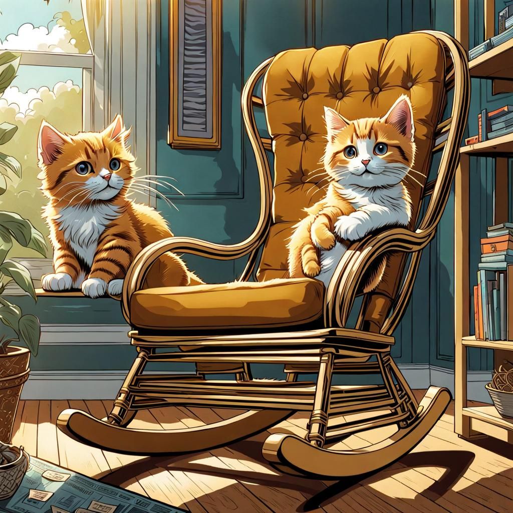 Kittens Playing Around Rattan Chair in Comic Style