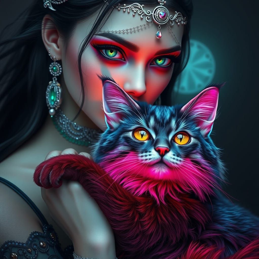 Gothic Goddess Holding Mystical Cat in Ethereal Portrait