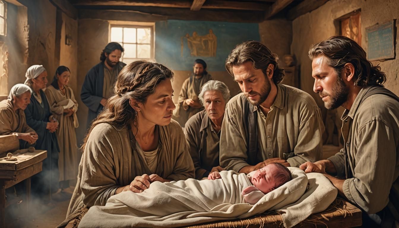 Newborn Baby in Stable: Biblical Scene in Hyperrealism