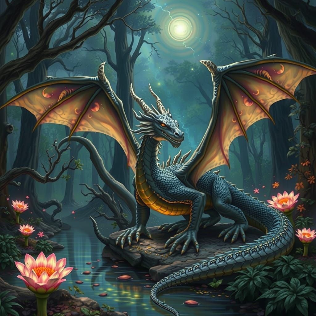 Bioluminescent Dragon in Mystical Forest, Magical Realism