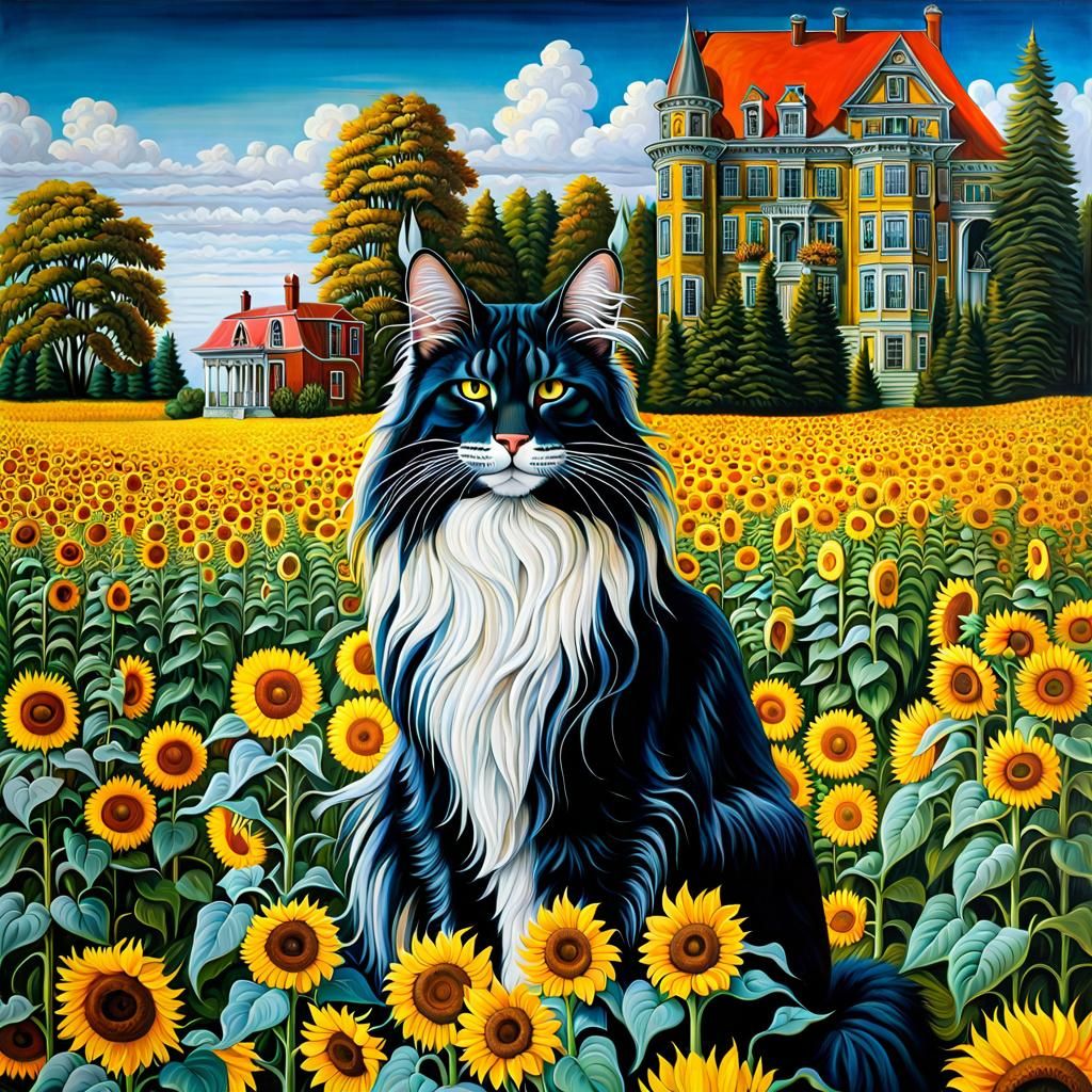 Majestic Maine Coon Cat in Sunflower Field