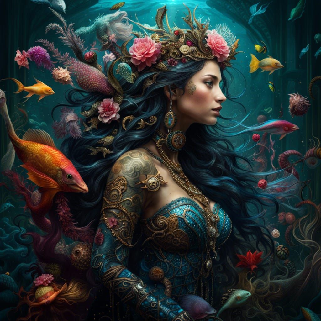 Mermaid Surrounded by Medusas in Hyperdetailed Fantasy Art