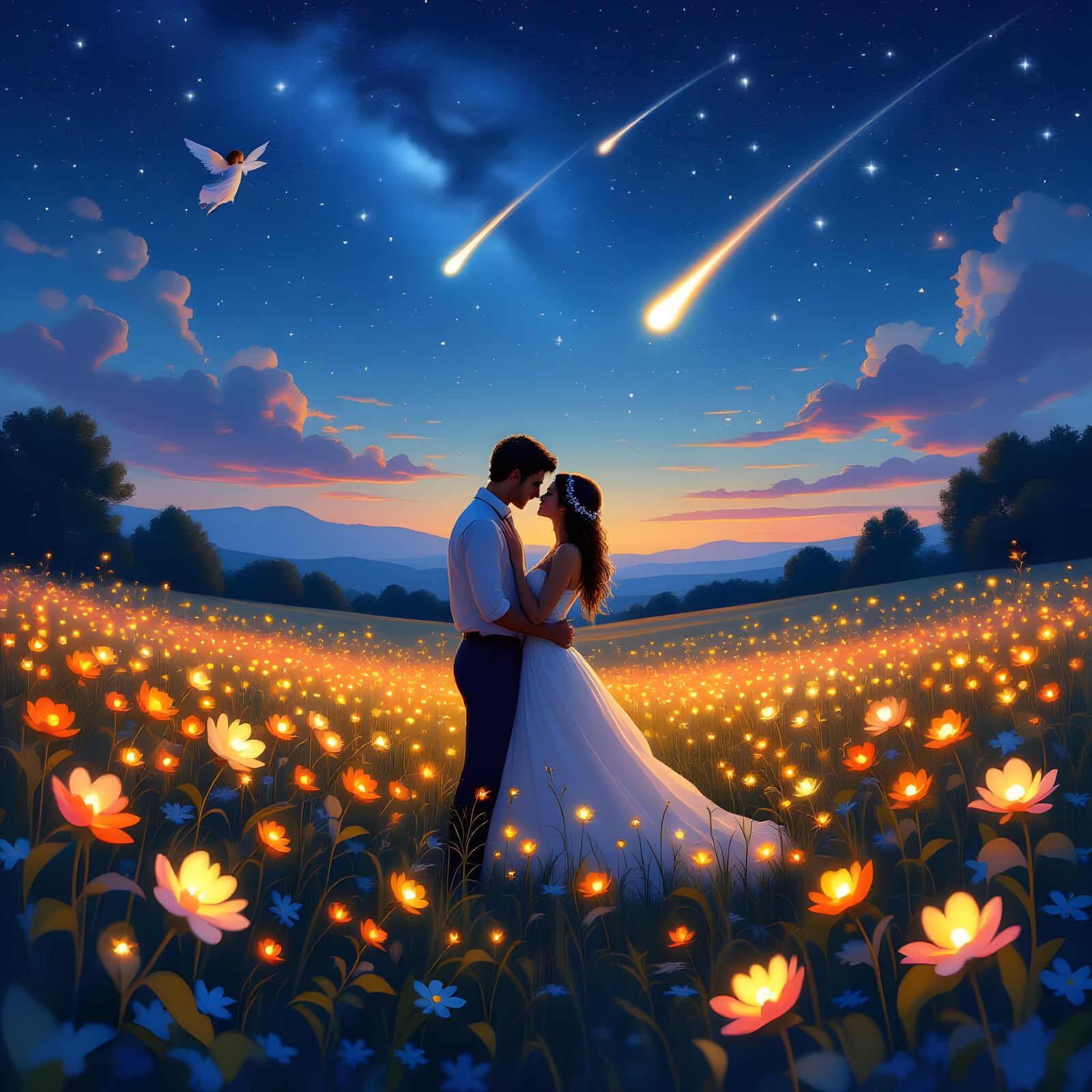 Romantic Evening Meadow with Falling Stars and Angels