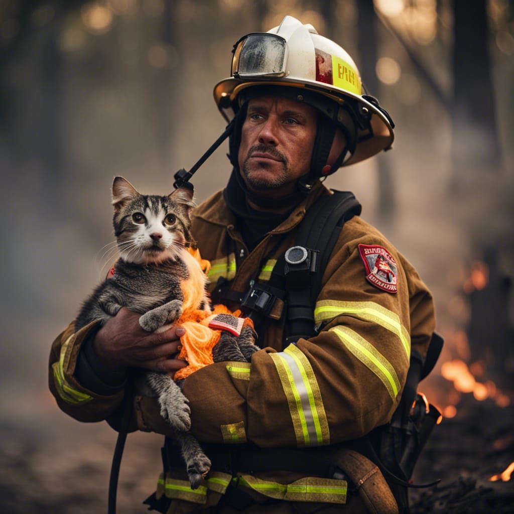 Firefighter holds a rescued pet.