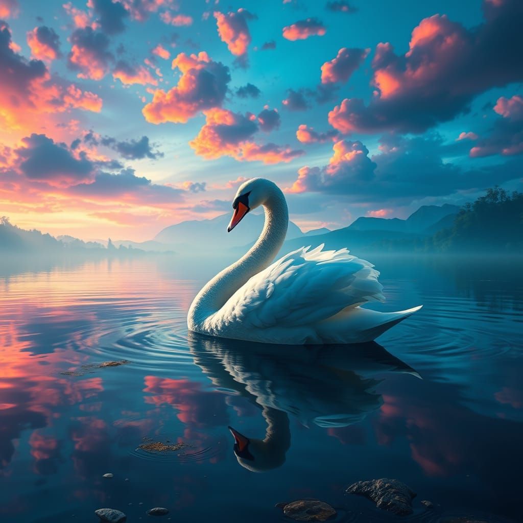 Majestic Swan in Vibrant Dreamlike Lake Scene
