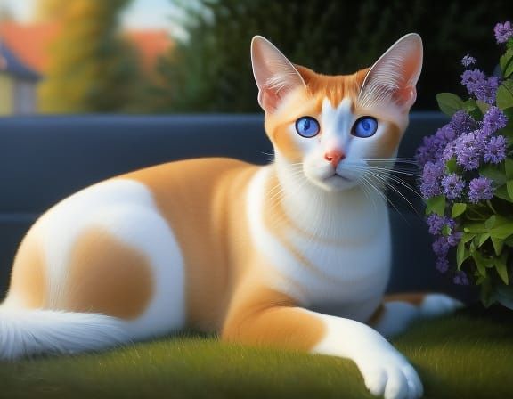 Hyperrealistic Siamese Cat Portrait in Garden Setting
