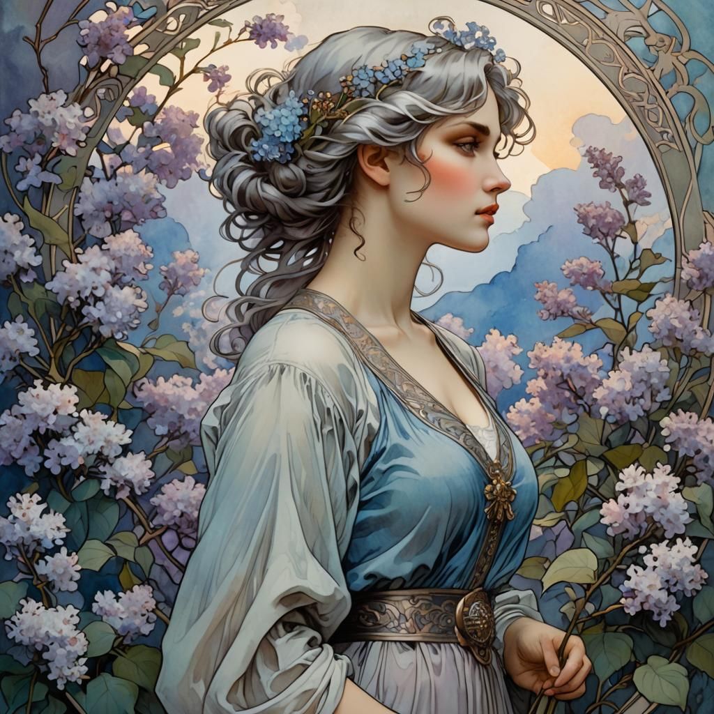 Art Nouveau Woman with Lilacs in Mucha Style