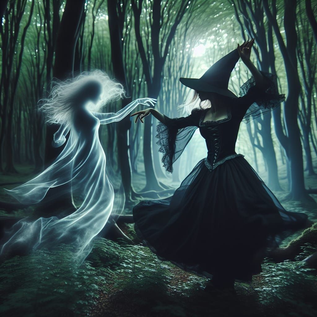 Witch Dances with Ghost in Enchanted Forest