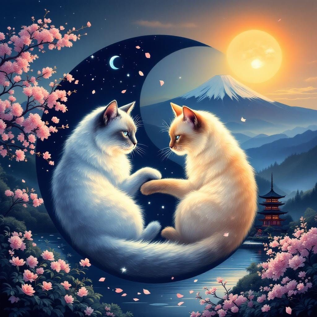 Yin-Yang Siamese Cats in Japanese Landscape